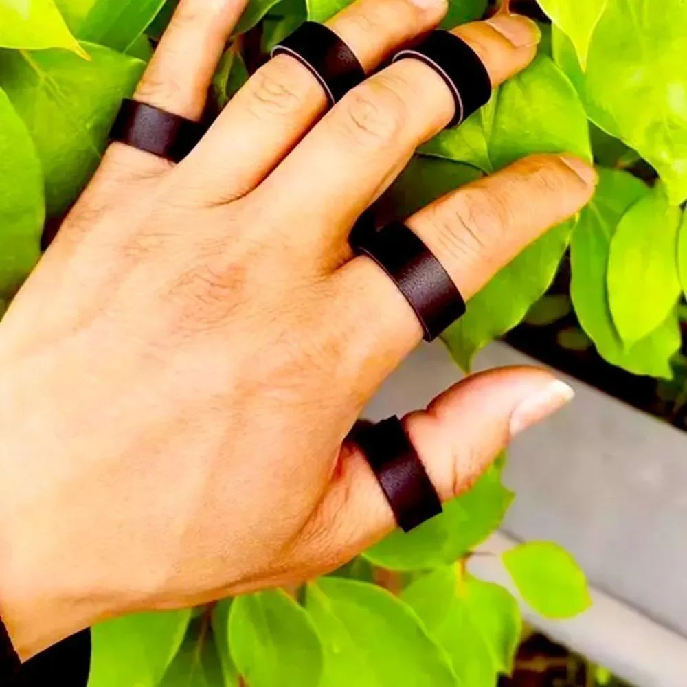 Leather Black Wide Band Stackable Rings Set 5pcs -NEW